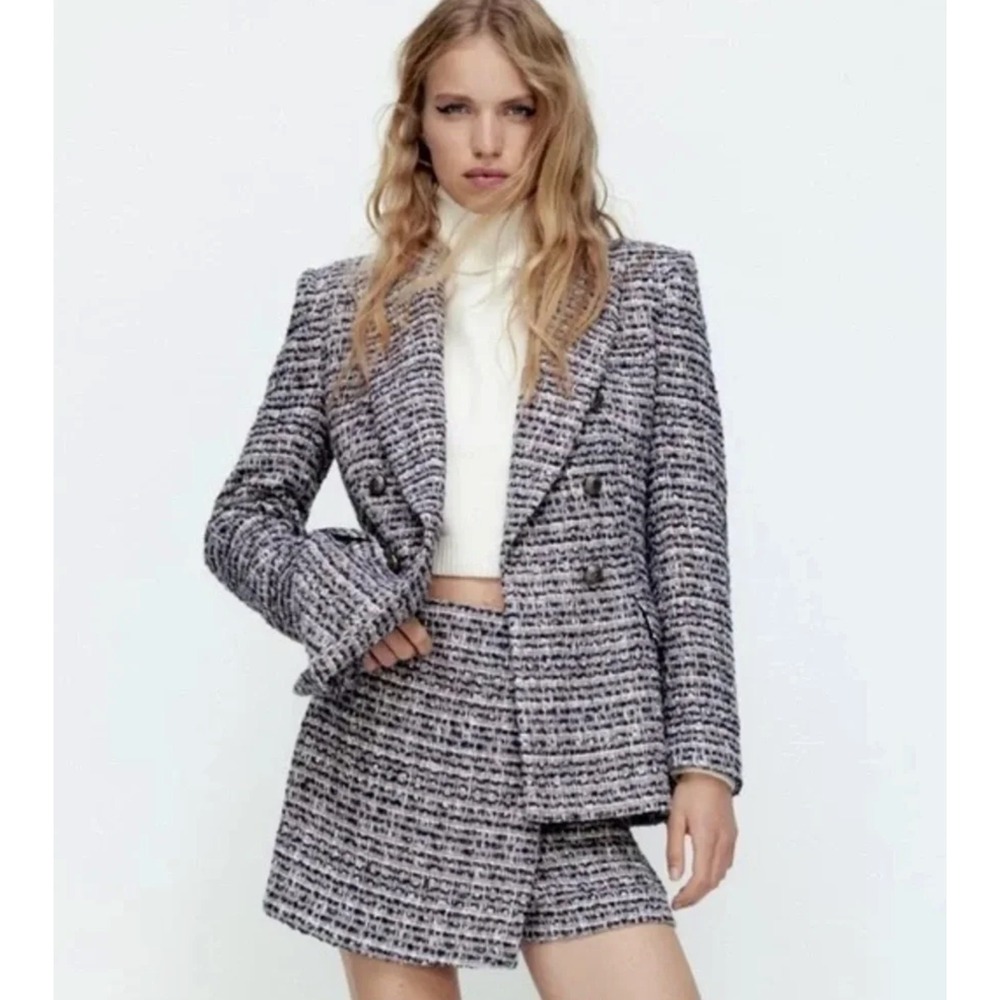 Zara Womens Textured Multicolor Tweed Double Breasted Blazer Size L Career